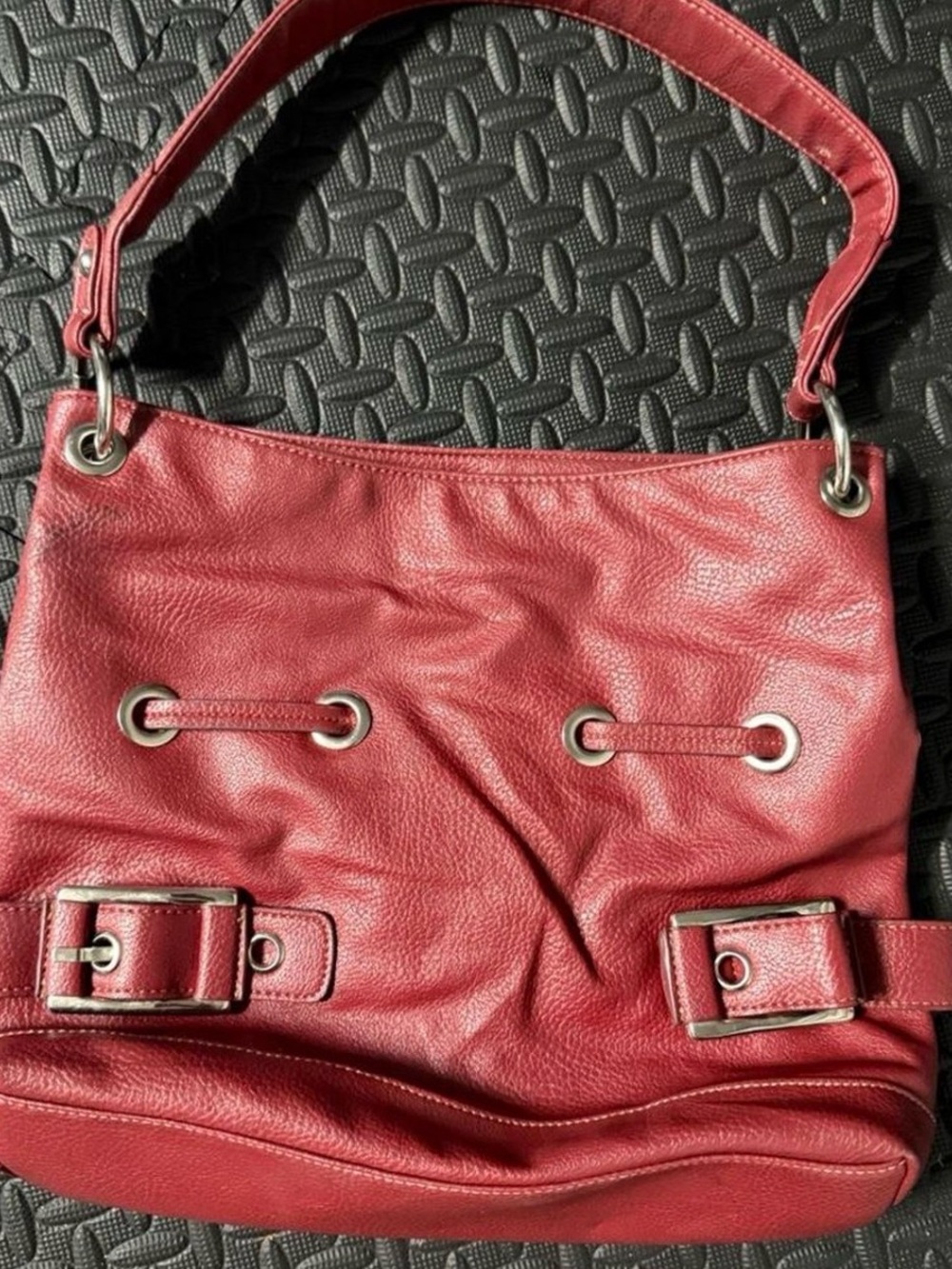 Women's Red Leather Shoulder Bag with Buckle Accents